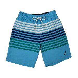 Nautica Boys Swim Trunks Blue With Green & White Stripes Size S.